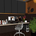 Modern Office Desk With Dual Monitors Stationery Items Black Chair And Green Plant