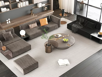 Modern Living Room Velvet Sofa And Round Coffee Table Set With Decorative Pillows Area Rug 3d model