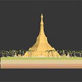 Yellow Pagoda 3D Model with Surrounding Palm Trees Green Base and Blue Spheres