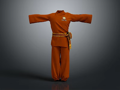 Traditional Orange Martial Arts Uniform With Long Sleeves Pants And Yellow Belt 3d model