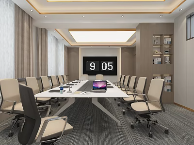 Modern Conference Room Interior With Long Table Chairs Digital Monitor And Wall Shelves 3d model