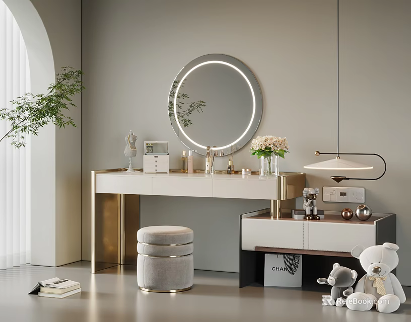 Modern Dressing Table With Round Mirror Gold Accents Table Lamp And Soft Stool In Neutral Tones 3d model 