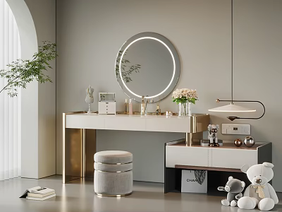 Modern Dressing Table With Round Mirror Gold Accents Table Lamp And Soft Stool In Neutral Tones 3d model