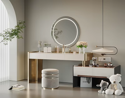 Modern Dressing Table With Round Mirror Gold Accents Table Lamp And Soft Stool In Neutral Tones 3d model
