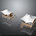 Camping Tents Featuring Wooden Platforms Stairs Support Poles And White Canopies