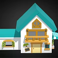 Cartoon Style House With Teal Roof Yellow Door Wooden Balcony And Striped Awning