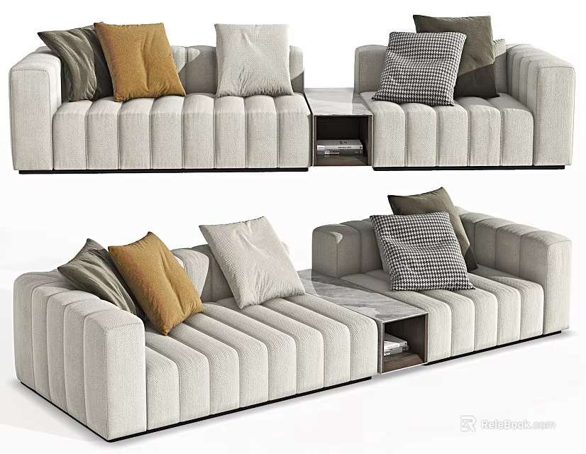 Light Beige Upholstered Sectional Sofa with Vertical Stitching and Colorful Accent Pillows Side Table 3d model