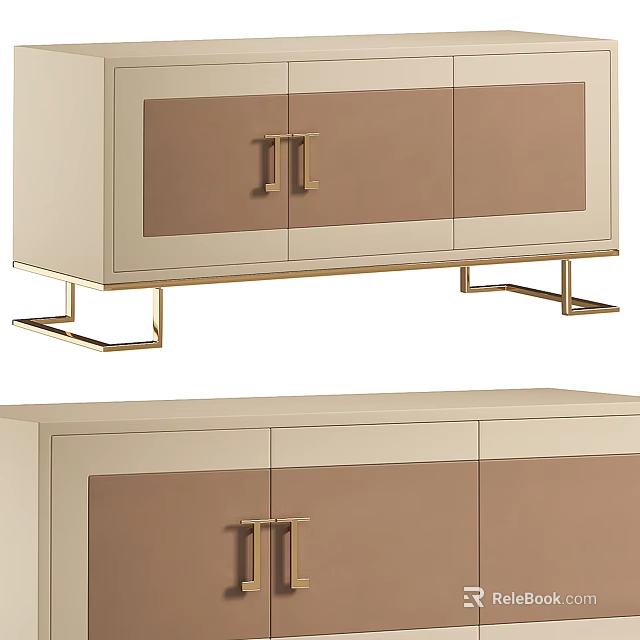 Modern TV Stand With Beige Frame Brown Panels And Gold Metal Handles Legs 3d model 