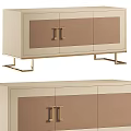 Modern TV Stand With Beige Frame Brown Panels And Gold Metal Handles Legs