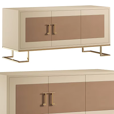 Modern TV Stand With Beige Frame Brown Panels And Gold Metal Handles Legs 3d model