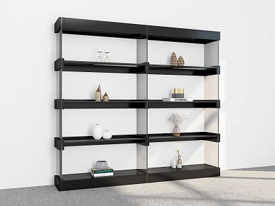 Modern Black Shelving Unit With Multiple Tiers Decorative Items Books And Vases In Minimalist Interior 3d model