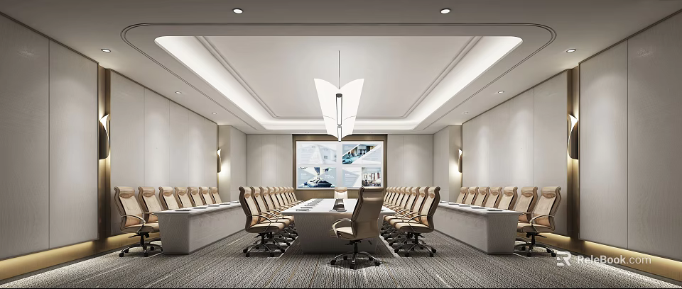 Spacious Modern Conference Room With Long Table Chairs Chandelier And Large Screen 3d model 