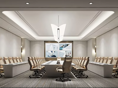 Spacious Modern Conference Room With Long Table Chairs Chandelier And Large Screen 3d model