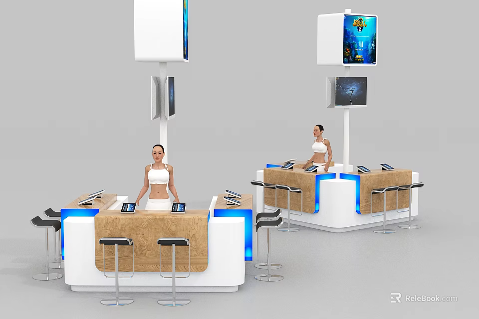 Modern Display Shelves with White Showcase Blue LED Lighting High Stools and Digital Screens 3d model 