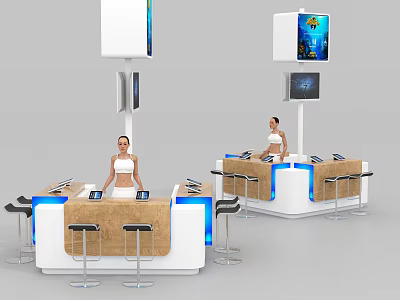 Modern Display Shelves with White Showcase Blue LED Lighting High Stools and Digital Screens 3d model