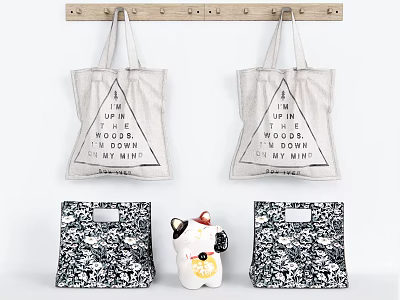 Stylish Canvas Tote Bags With Text Print And Abstract Pattern Design 3d model