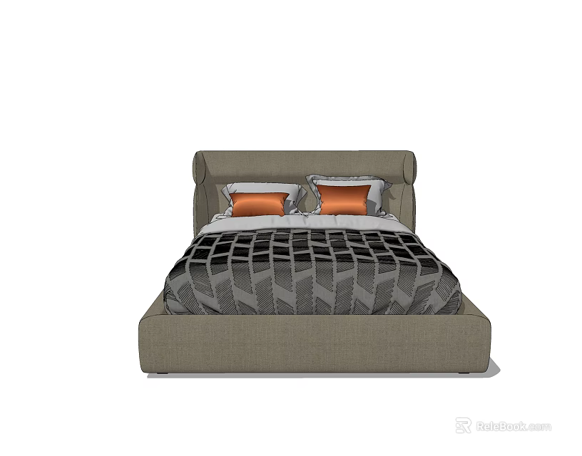 Modern Double Bed with Grey Headboard Geometric Pattern Quilt and Orange Grey Pillows 3d model