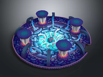 Biomechanical Circular Structure Featuring Tower Like Formations Blue Tops Orange Lights And Central Glowing Core 3d model