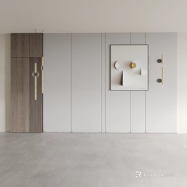 Modern Elegant Sofa Background Wall with White and Wooden Panels Decorative Painting and Wall Lamp 3d model 