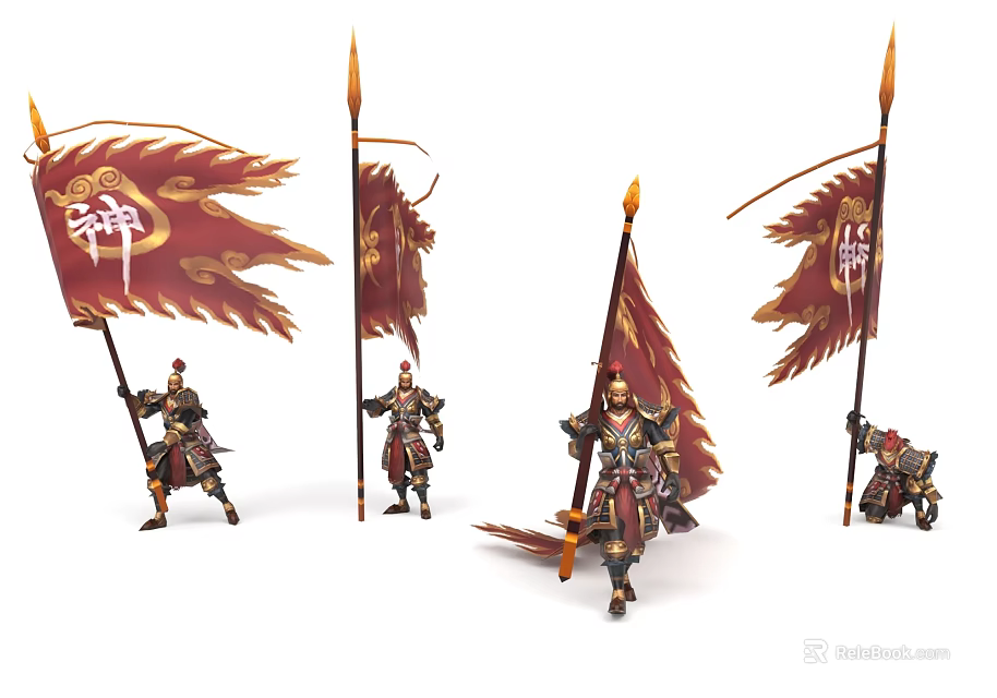 Armored Fantasy Characters and Creatures Wielding Red Gold Flags on Spears 3d model 