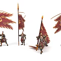 Armored Fantasy Characters and Creatures Wielding Red Gold Flags on Spears 3d model