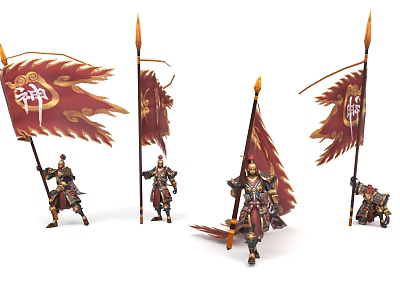 Armored Fantasy Characters and Creatures Wielding Red Gold Flags on Spears 3d model