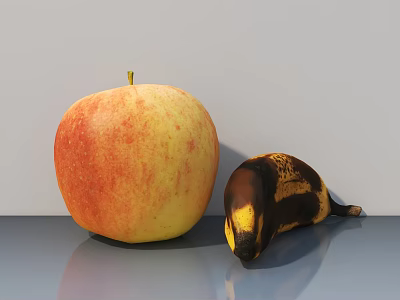 Red Yellow Apple And Banana With Black Spots On Gray Table Against Gray Wall 3d model