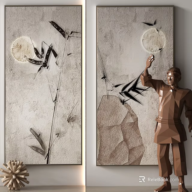 Contemporary Wall Art With Moon Bamboo Stone Texture And Geometric Sculpture 3d model 