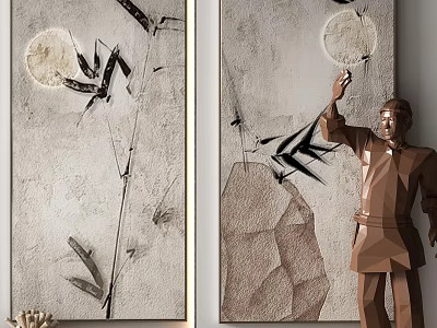 Contemporary Wall Art With Moon Bamboo Stone Texture And Geometric Sculpture 3d model