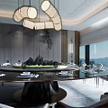 Modern Private Dining Room with Round Table Chairs Chandeliers Mountain View and Floor to Ceiling Windows