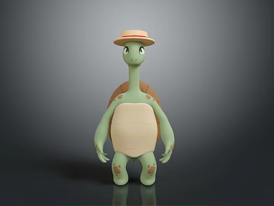 Cute Reptile Cartoon Turtle Wearing Straw Hat Green Body Brown Shell Light Belly Paw Spots 3d model