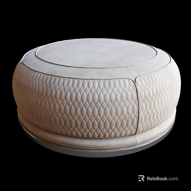 Round Ottoman Stool with Diamond Quilted Pattern Light Beige Upholstery and Metallic Base Modern Design 3d model 