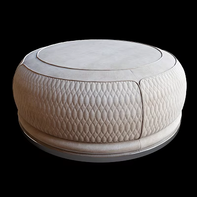 Round Ottoman Stool with Diamond Quilted Pattern Light Beige Upholstery and Metallic Base Modern Design 3d model