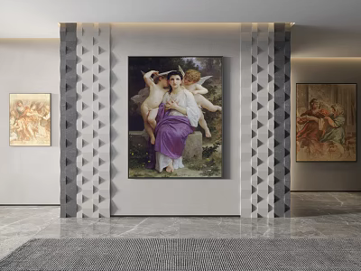 Elegant Portrait Painting of Woman and Cherubs in Room with Geometric Walls Marble Floor and Decor 3d model