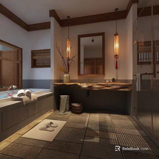 Hotel Guest Room Bathroom With Bathtub Stone Countertop Pendant Lights And Wooden Decor 3d model 