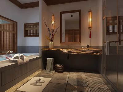Hotel Guest Room Bathroom With Bathtub Stone Countertop Pendant Lights And Wooden Decor 3d model