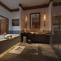 Hotel Guest Room Bathroom With Bathtub Stone Countertop Pendant Lights And Wooden Decor