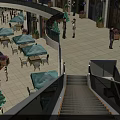 Vibrant Shopping Mall Interior With Escalators Green Umbrellas Outdoor Seating Plants And Pedestrians