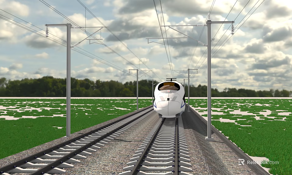 Railroad Infrastructure High Speed Train Moving On Rail Tracks With Electric Poles And Green Fields 3d model 