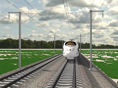 Railroad Infrastructure High Speed Train Moving On Rail Tracks With Electric Poles And Green Fields 3d model