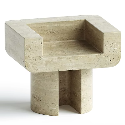 Minimalist Beige Stone Square Side Table With Solid Column Base Design 3d model