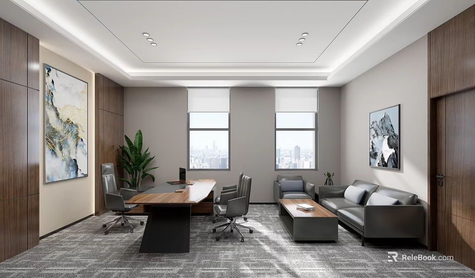 Modern Office Interior With Large Windows Wooden Desk Office Chairs Sofa Potted Plant And Paintings 3d model 