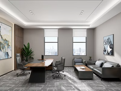 Modern Office Interior With Large Windows Wooden Desk Office Chairs Sofa Potted Plant And Paintings 3d model