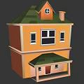 Cartoon Two Story House With Orange Exterior Green Roof Windows Chimney And Porch