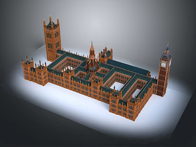 Cartoon Scene Of Historic Parliament Building With Towers Spires And Green Roof 3d model
