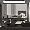 Modern Bedroom Interior With Large Bed Dark Wooden Wardrobe Floor to Ceiling Window And Rug