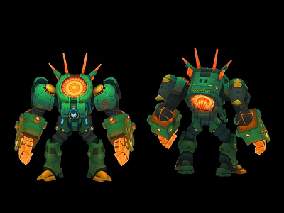 Green Robot And Mechanical Creature Design With Orange Spikes Round Core Two Models 3d model