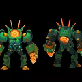Green Robot And Mechanical Creature Design With Orange Spikes Round Core Two Models