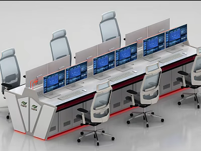 Modern Office Workstation Desk With Multiple Monitors And Ergonomic Chairs For Professional Use 3d model