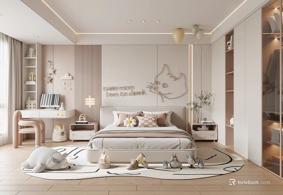Kids Room Interior Design With Soft Colors Bed Cat Decorative Painting Balloons And Toys 3d model 